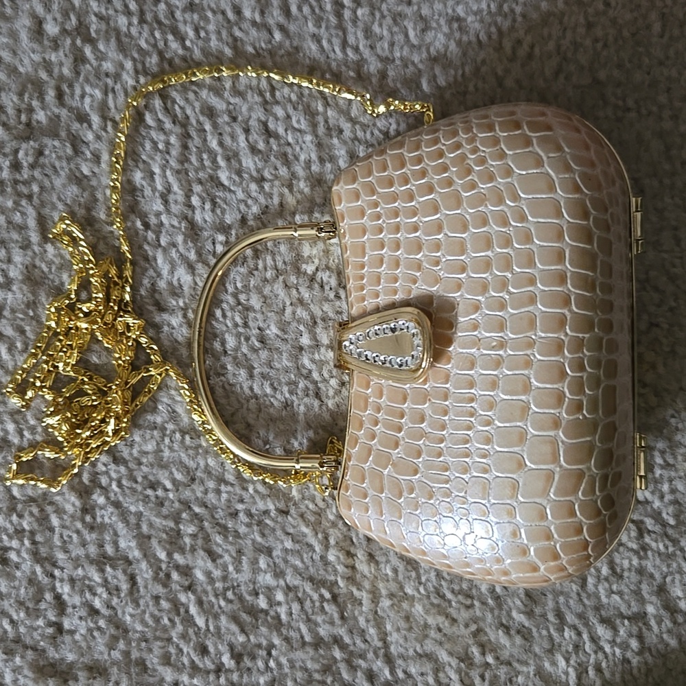 Evening Bag in Faux Gold Snakeskin  4 x 7 inches, handle and chain